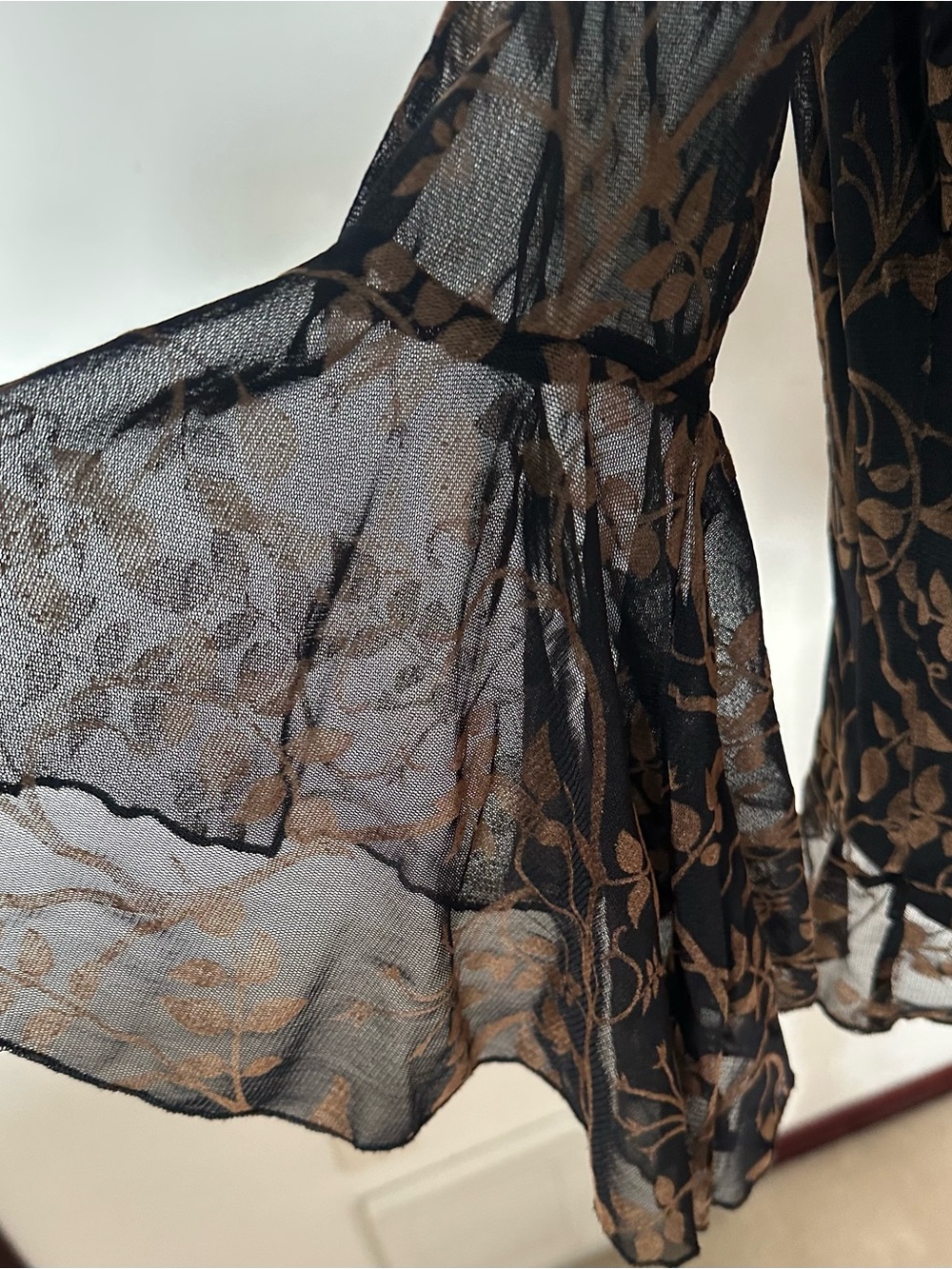 Sheer Mesh Bell Sleeve Floral Tunic Top Large Boho Dark Fairy goth Witchy - Picture 3 of 13